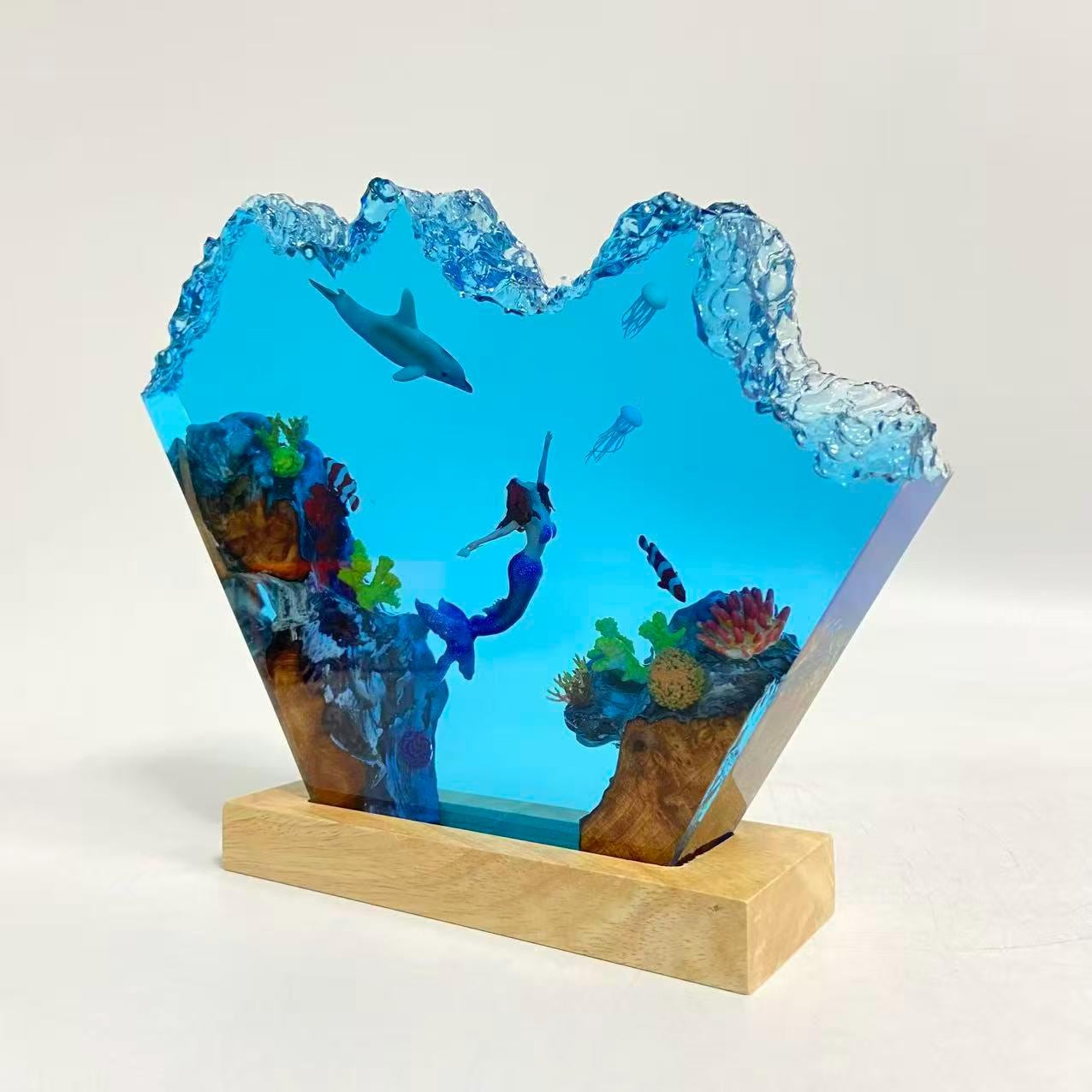 Handmade Mermaid Resin Lamp, Tropical Fish Scene, Wooden LED Lamp Base, Perfect Gift For Friends, Gift For Mom, Halloween Gift