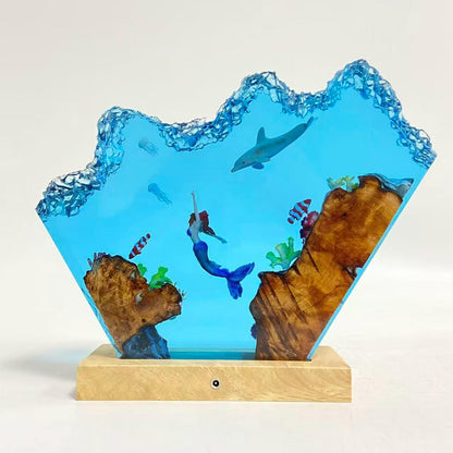 Handmade Mermaid Resin Lamp, Tropical Fish Scene, Wooden LED Lamp Base, Perfect Gift For Friends, Gift For Mom, Halloween Gift