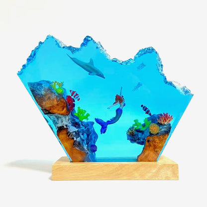 Handmade Mermaid Resin Lamp, Tropical Fish Scene, Wooden LED Lamp Base, Perfect Gift For Friends, Gift For Mom, Halloween Gift