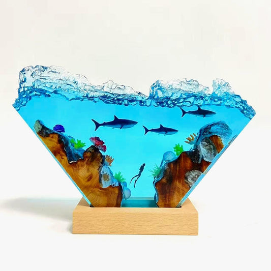 Ocean Shark Diver Epoxy Resin Night Light, Crystal Wave Underwater Scene Lamp, Halloween Gifts, Christmas Gifts, Best Friend Gifts
