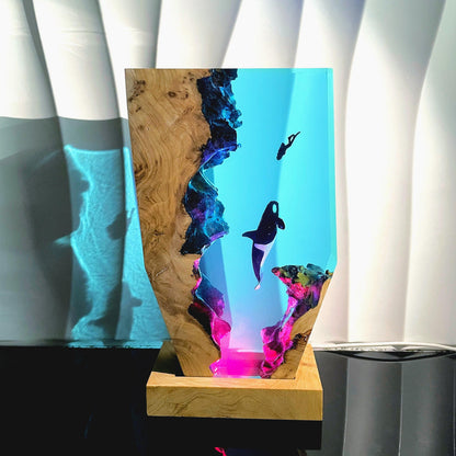 Epoxy Resin Orca Lamp, Undersea Diver Scene, Handmade Wood Base, Diver Encounters Killer Whale, Christmas Gift For Family