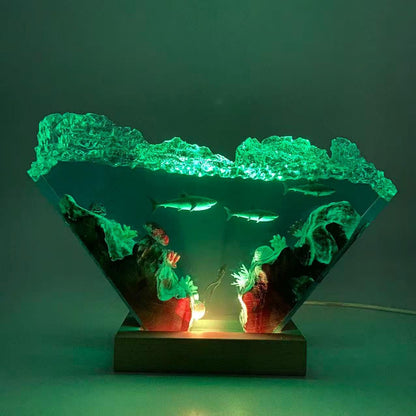 Ocean Shark Diver Epoxy Resin Night Light, Crystal Wave Underwater Scene Lamp, Halloween Gifts, Christmas Gifts, Best Friend Gifts