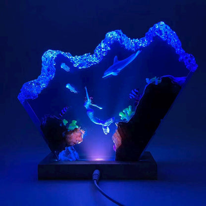 Handmade Mermaid Resin Lamp, Tropical Fish Scene, Wooden LED Lamp Base, Perfect Gift For Friends, Gift For Mom, Halloween Gift
