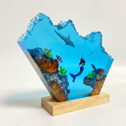 Handmade Mermaid Resin Lamp, Tropical Fish Scene, Wooden LED Lamp Base, Perfect Gift For Friends, Gift For Mom, Halloween Gift