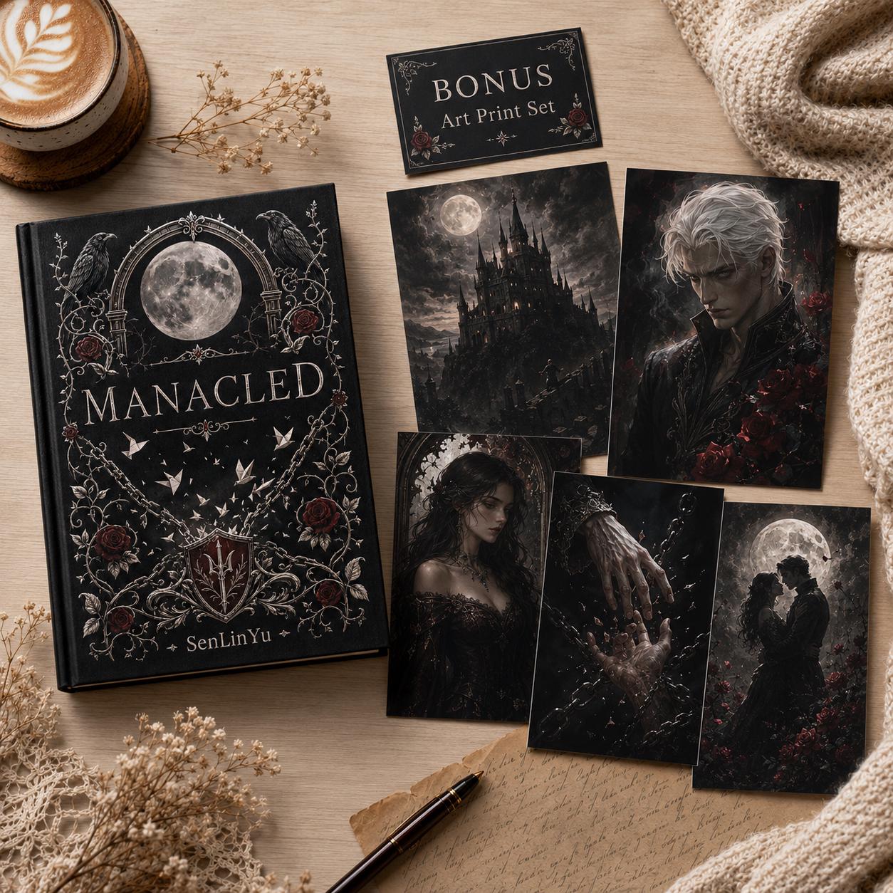 Manacled Illustrated Hardcover Book Style 2 – Collector Edition Novel | Handmade Rebound Dark Romance | Art Prints & Bookmark Set