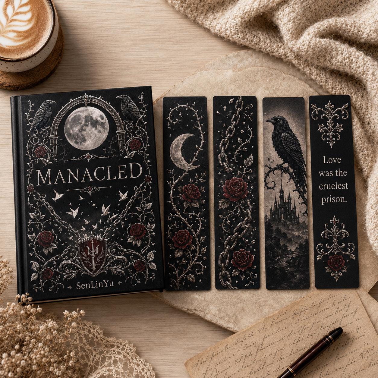 Manacled Illustrated Hardcover Book Style 2 – Collector Edition Novel | Handmade Rebound Dark Romance | Art Prints & Bookmark Set