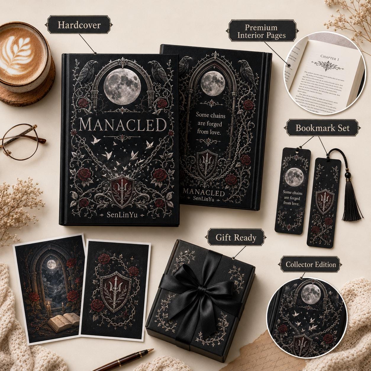 Manacled Illustrated Hardcover Book Style 2 – Collector Edition Novel | Handmade Rebound Dark Romance | Art Prints & Bookmark Set
