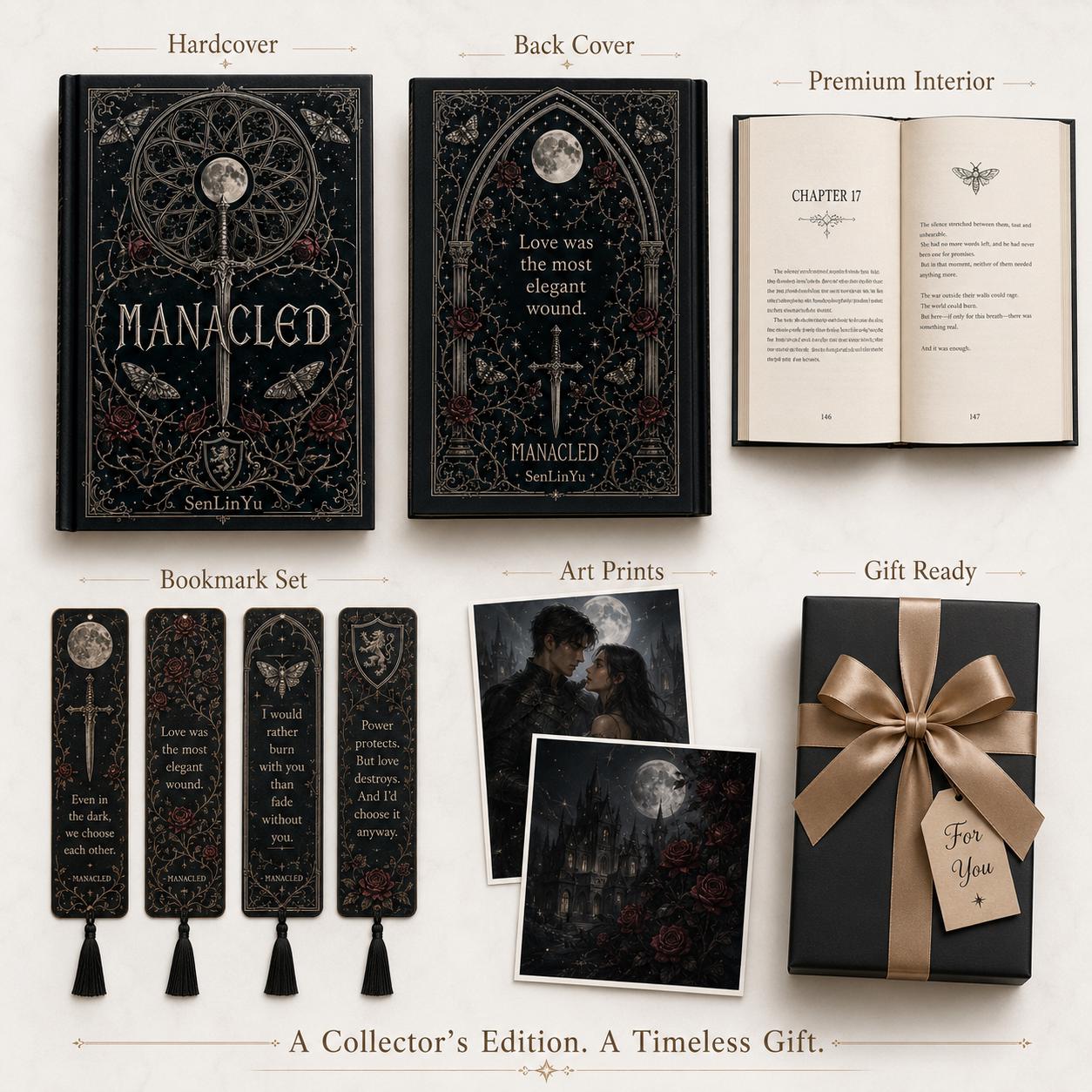 Manacled Illustrated Hardcover Book Style 3 – Collector Edition Novel | Handmade Rebound Dark Romance | Art Prints & Bookmark Set