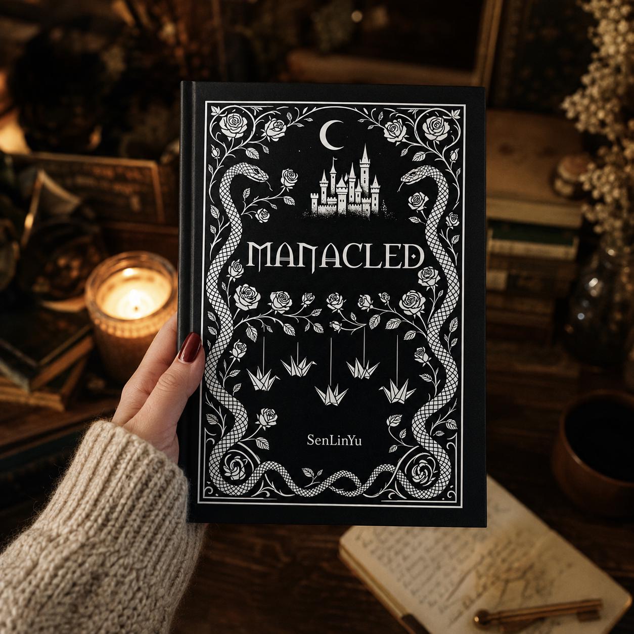 Manacled Illustrated Hardcover Book Style 1 – Collector Edition Novel | Handmade Rebound Dark Romance | Art Prints & Bookmark Set