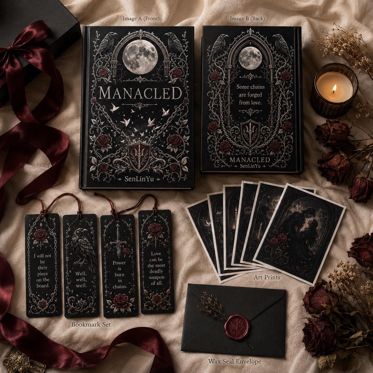 Manacled Illustrated Hardcover Book Style 2 – Collector Edition Novel | Handmade Rebound Dark Romance | Art Prints & Bookmark Set