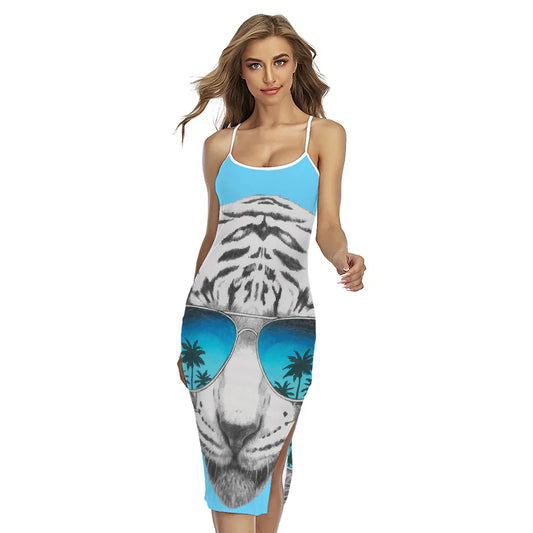 White Tiger With Sunglasses Print Cross Back Cami Dress