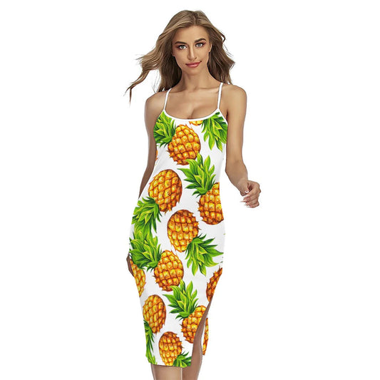 White Summer Pineapple Pattern Print Cross Back Cami Dress