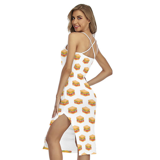 White Sandwiches Pattern Print Cross Back Cami Dress