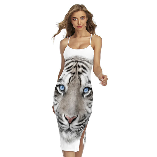 White Tiger Portrait Print Cross Back Cami Dress