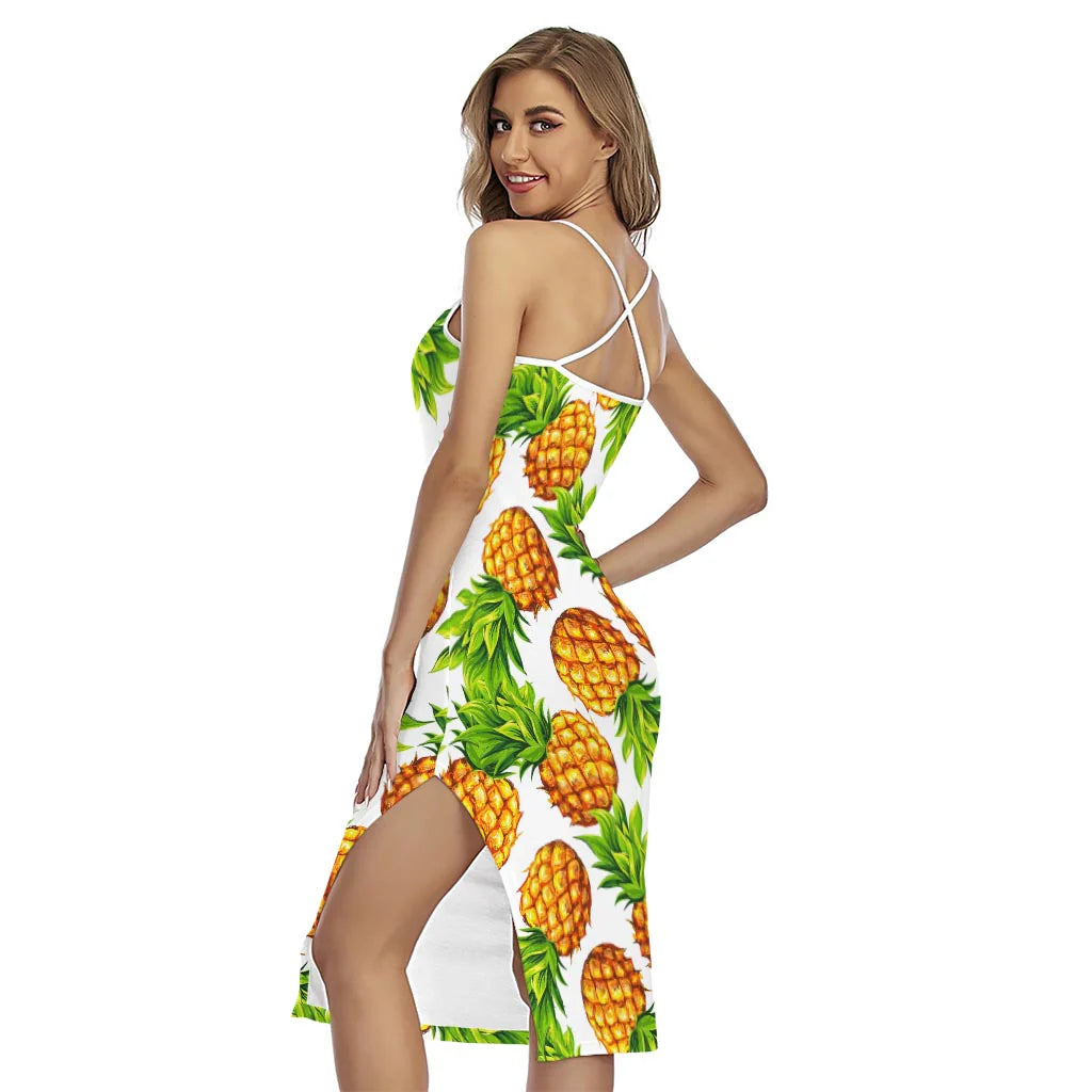 White Summer Pineapple Pattern Print Cross Back Cami Dress