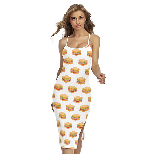 White Sandwiches Pattern Print Cross Back Cami Dress